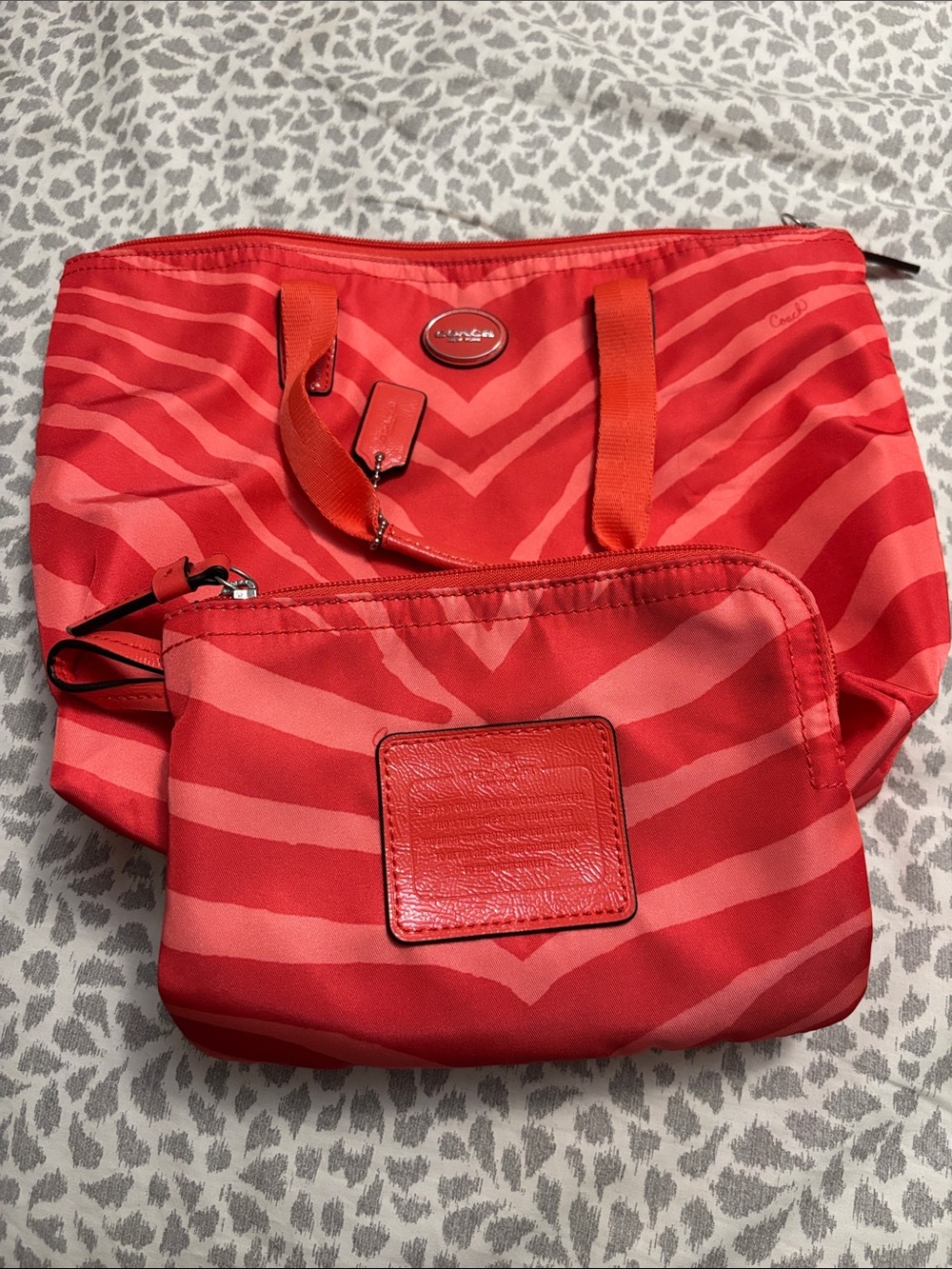 Coach coral Zebra-Print Tote with Matching Pouch